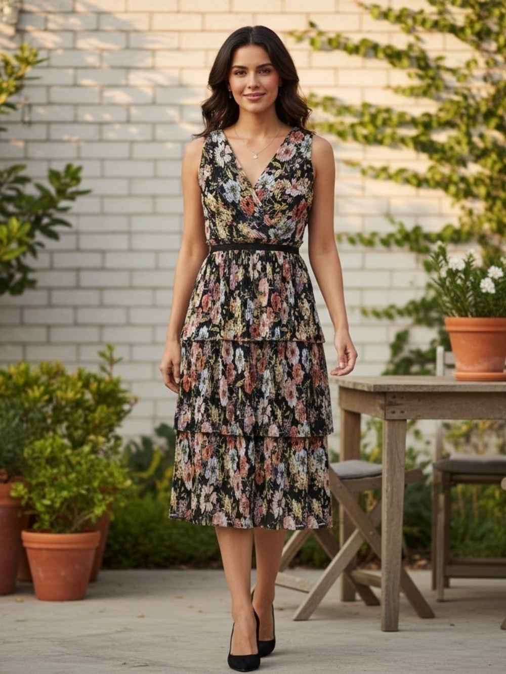 Adrianna Papell Black Floral Tiered V-Neck Midi Dress Size 2